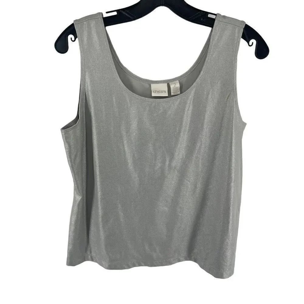Chico's Women Tank Blouse Sleeveless Shirt Top Scoopneck glossy Stretch Silver m